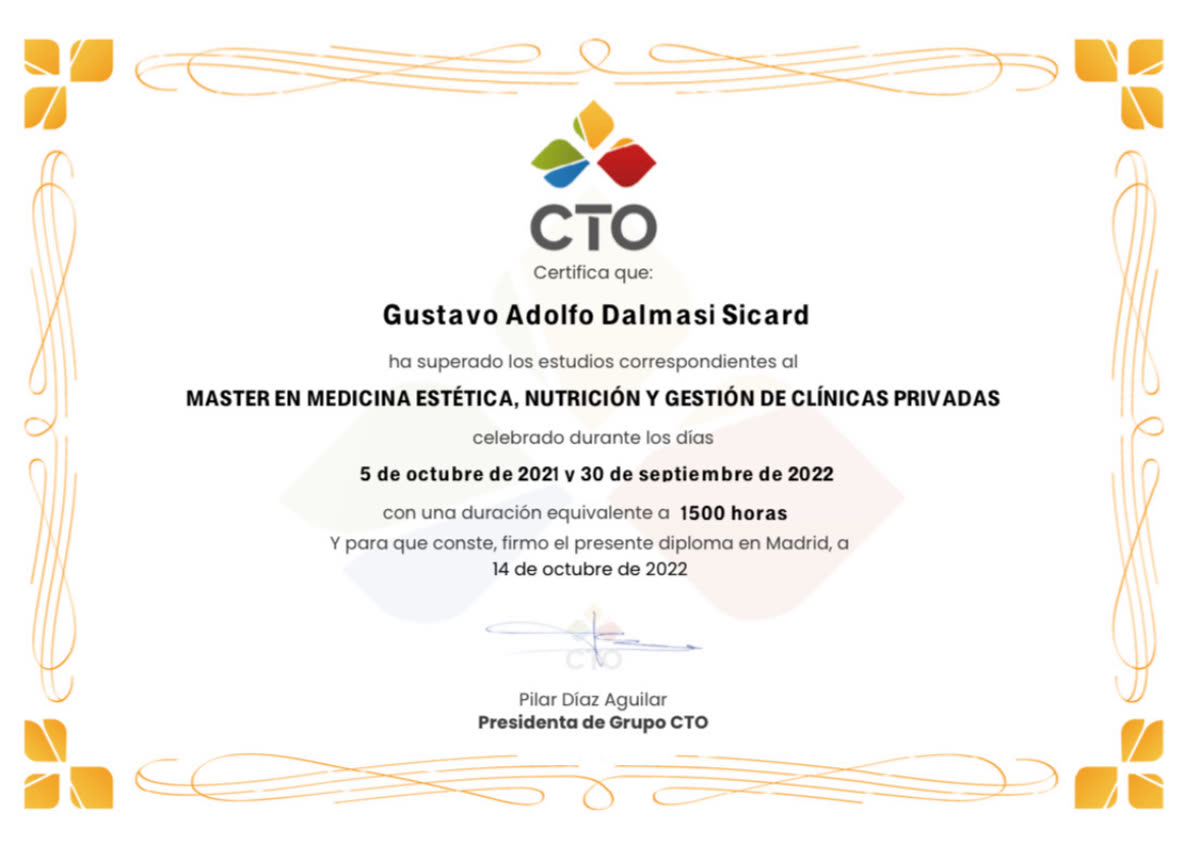 Diploma del Máster en Medicina Estética, Nutrición y Gestión de Clínicas Privadas de Grupo CTO a nombre de Gustavo Adolfo Dalmasí Sicard