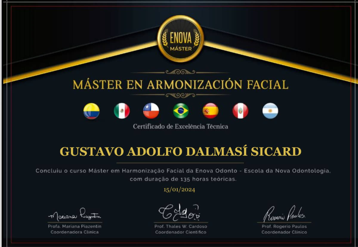 Certificado del Máster en Armonización Facial de Enova Odonto a nombre de Gustavo Adolfo Dalmasí Sicard