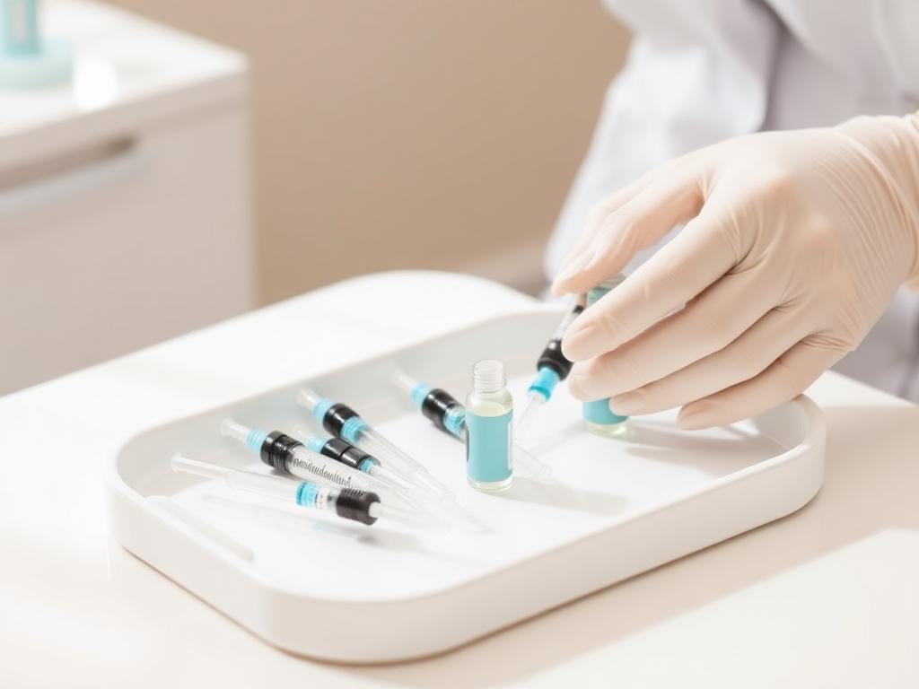 Bandeja estéril con jeringas y viales para medicina estética facial