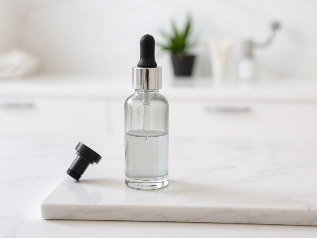 Sérum dermocosmético sobre superficie de mármol en clínica